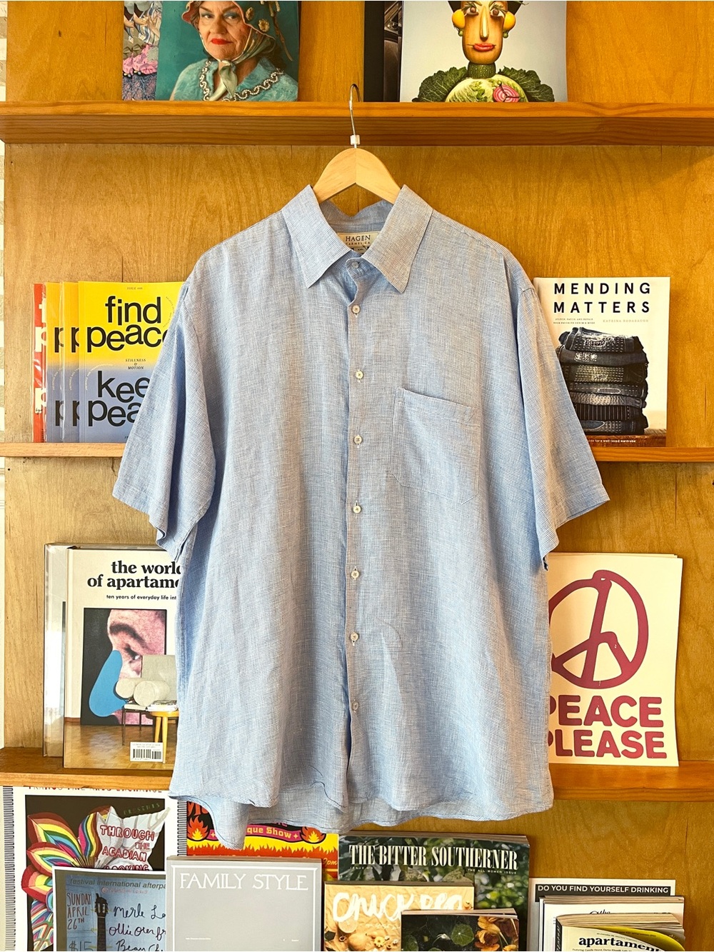 HAGEN men’s 100% linen blue gingham button down collared shirt XXL